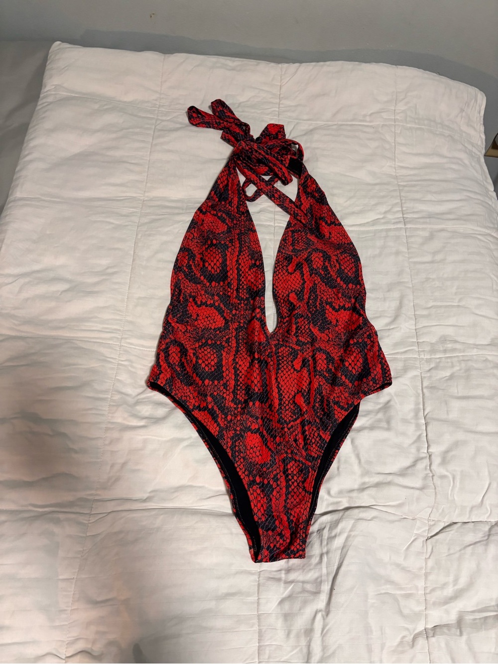 Zaful Red and Black Snake-Print Halter One-Piece Swimsuit